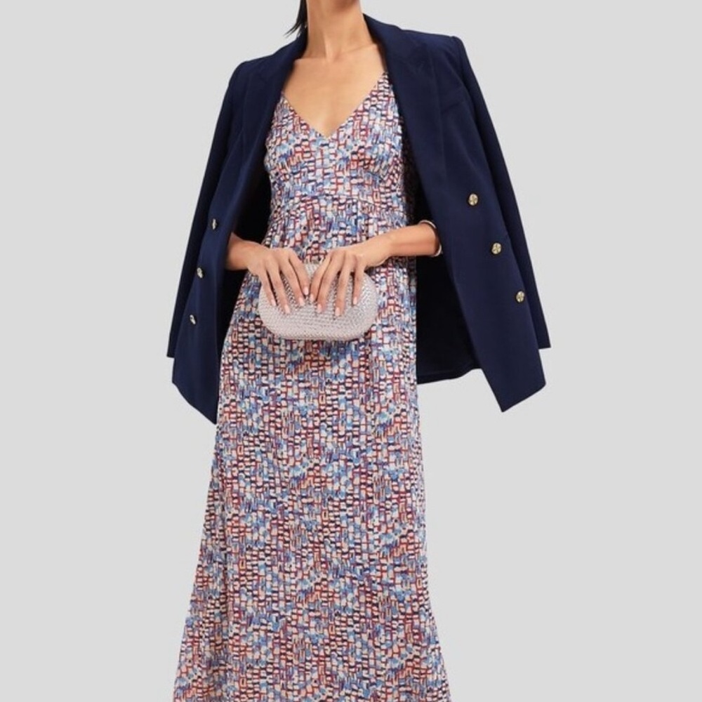 Stylish Multicolor Maxi Dress with Navy Blazer